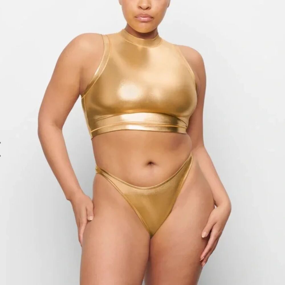 Skims Metallic Gold Cropped Top Mock Neck Sleeveless NEW NWT XS Swim